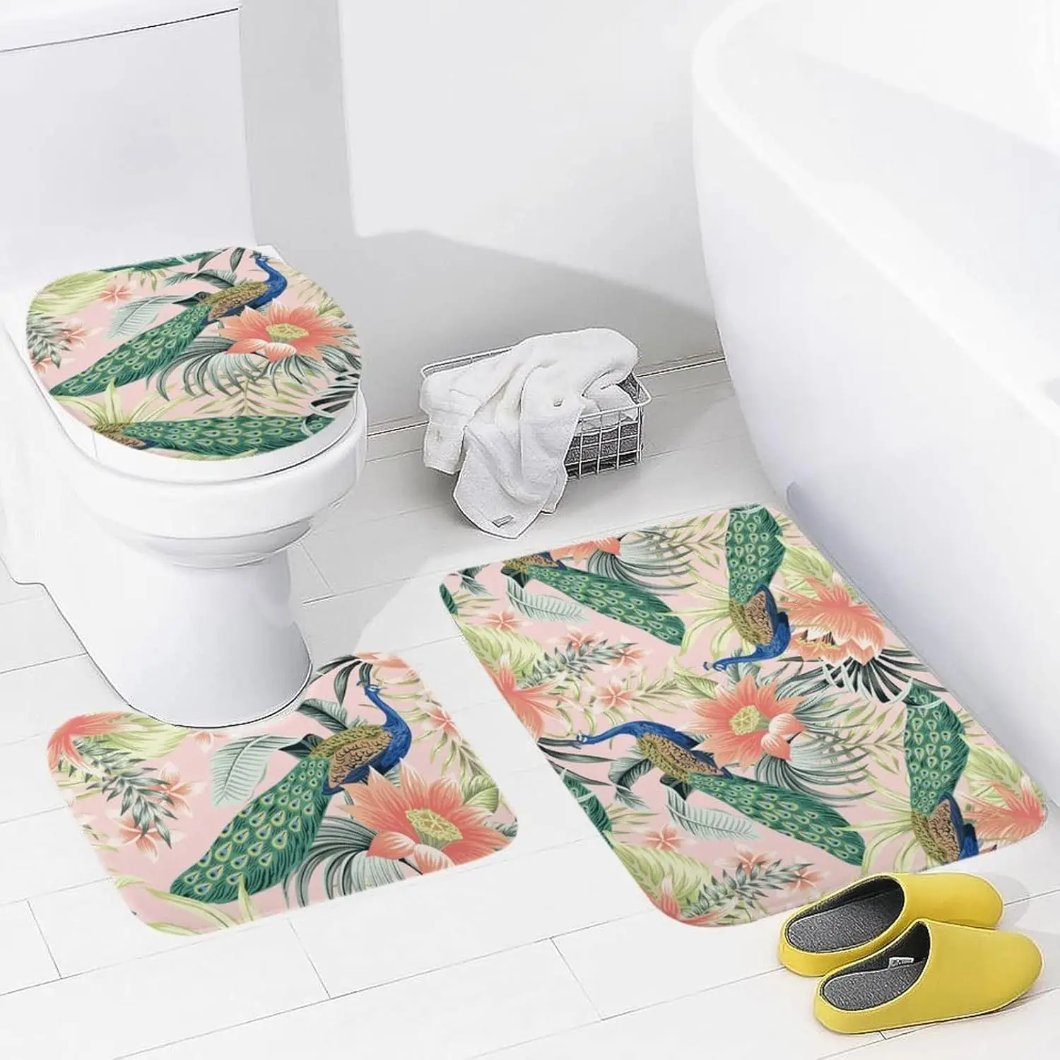 

Peacock Tropical Flower Bathroom Rugs Sets 3 Piece Coral Velvet Bath Rugs Vintage Spring Floral Non-Slip Absorbent U-Shaped Show