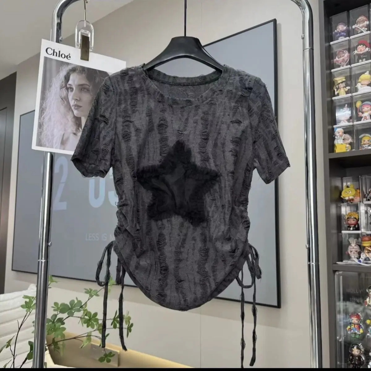 chic Ripped Hole Spliced Drawstring women short sleeve o neck t shirt personality hollow out sweet sexy oversized clothing black