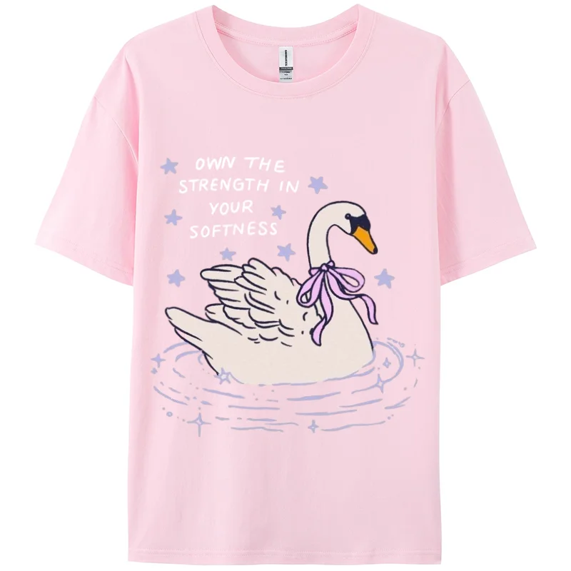 Fairy Swan Print Women's 100% Cotton T-Shirt Oversized Soft and Breathable Short Sleeve 2024 Hot Selling Tees Cute Y2K Top