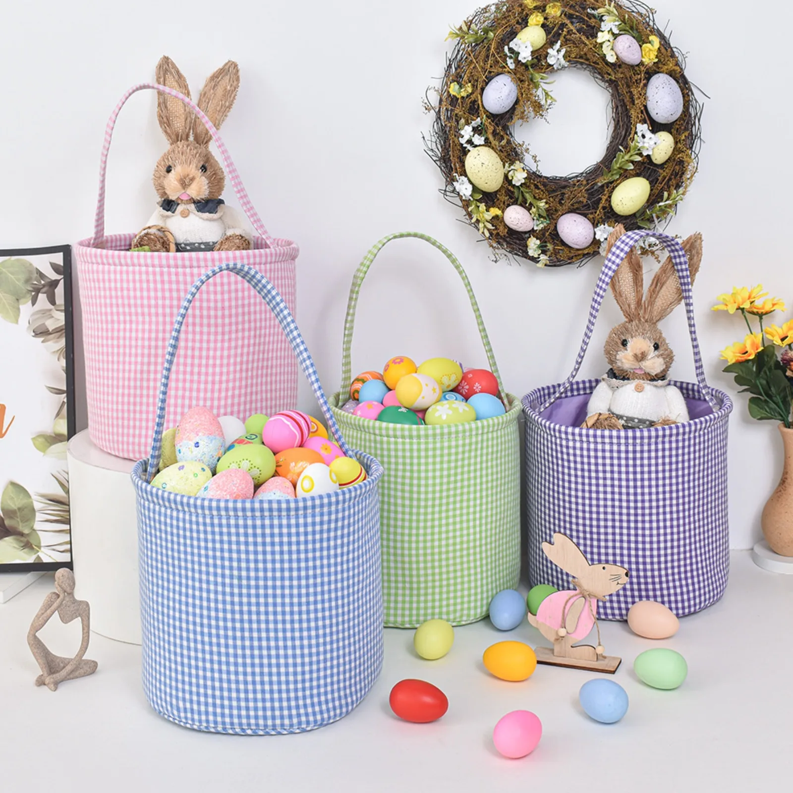 Personalized Embroidered Easter Basket - With Bunny Plaid Bubble Yarn Tote - Customized Storage Baskets for Children and Adults