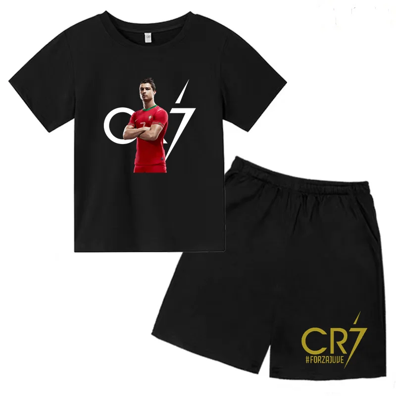 Kids T-shirt 3-12Y Boys Girls Toddler Tracksuit Idol CR7 Print Sports Training Short Sleeve Top Shorts Charming Casual Clothing