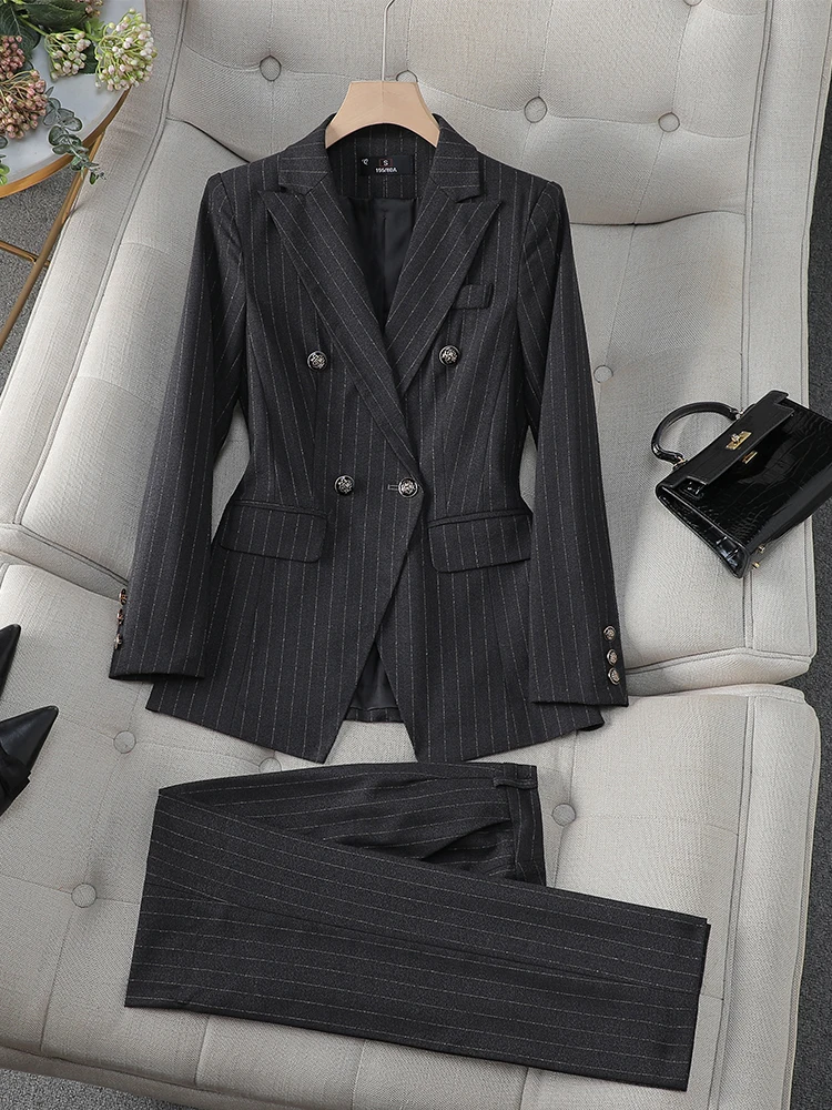 Blue Black Striped Ladies Formal Pant Suit Set Women Female Business Work Wear Long Sleeve 2 Piece Blazer Jacket And Trouser