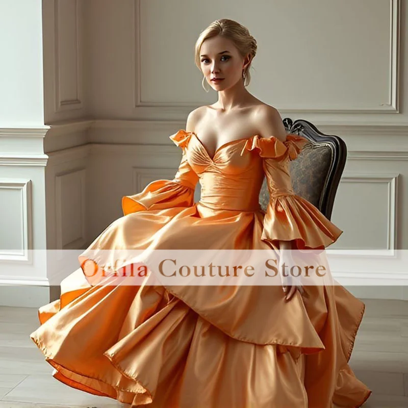 Customized Shimmering Orange Victorian Prom Dresses Corset Back Full Sleeves Evening Gowns Ball Gown