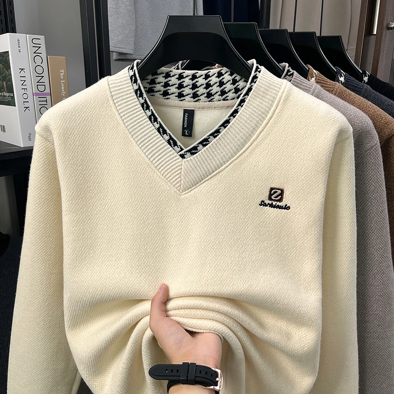 Men's V-neck Lined and Thickened Winter Thermal Knitwear, Heart-shaped Collar Wool Base Layer Shirt