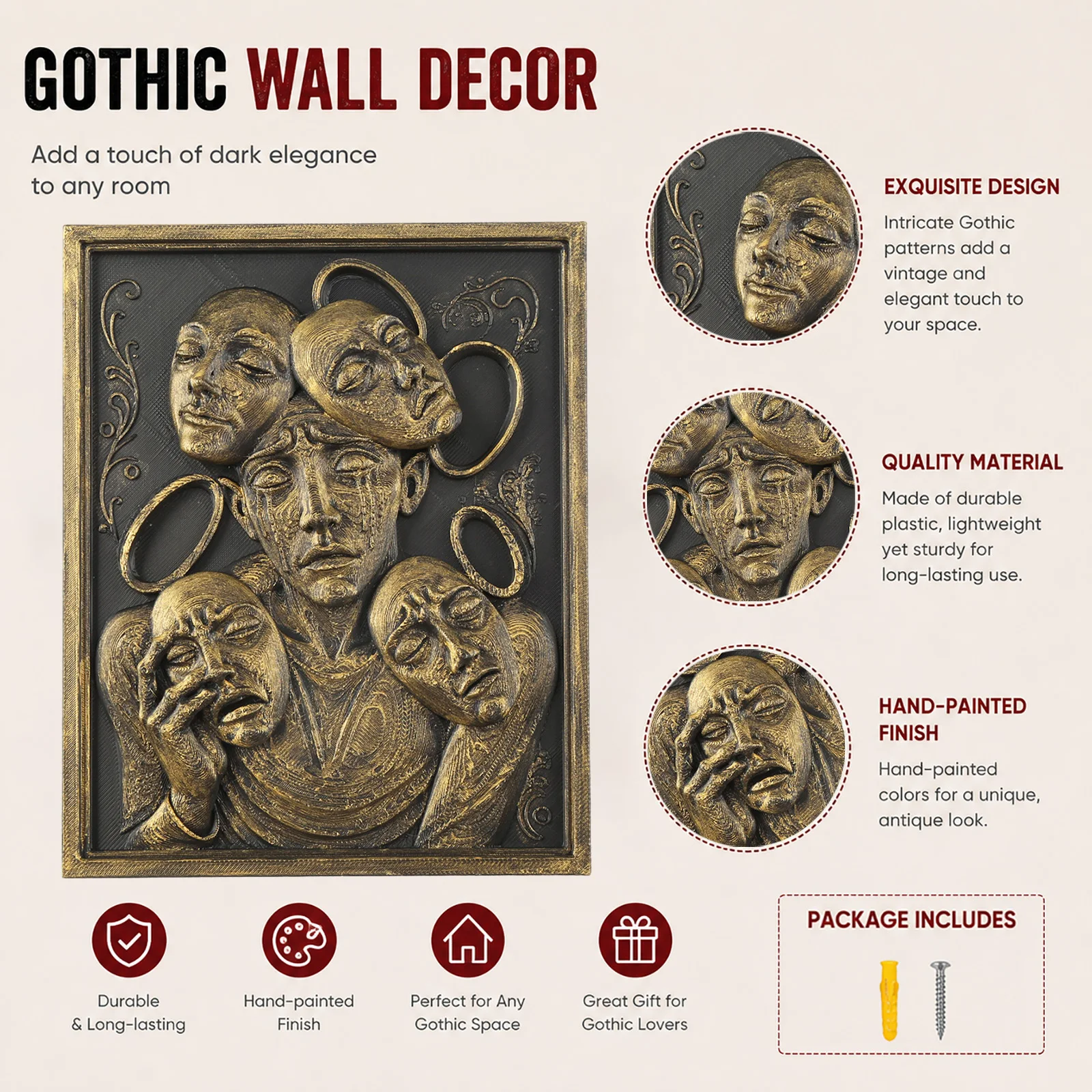 Cross‑border Gothic Mask Face 3D Wall Decor, Vintage Aged Relief Art Wall Ornament for Living Room Home Decoration