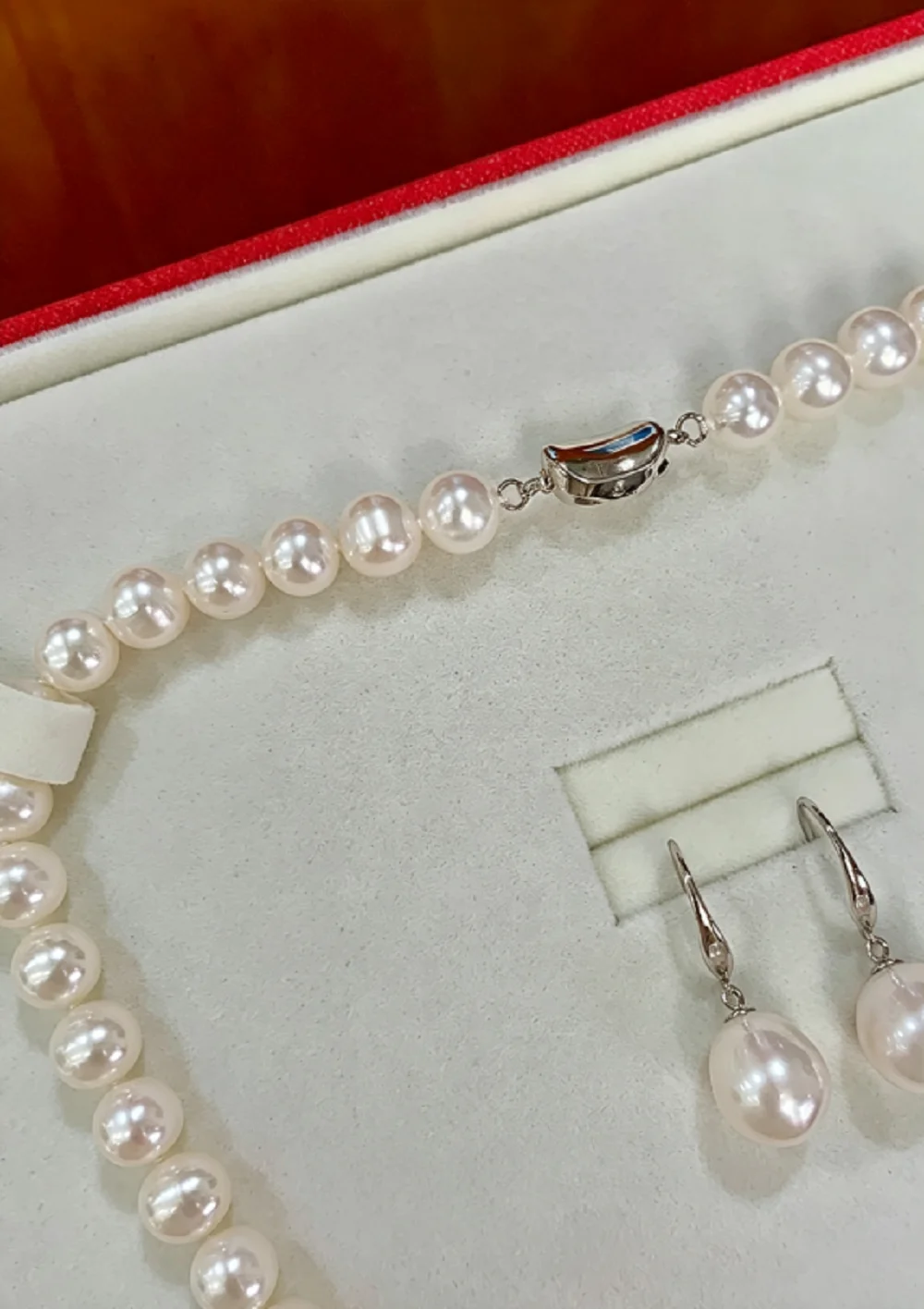 Newly launched/Set AAAA 8-9mm Natural Japanese White Pearl Necklace 18in+Earrings 925s