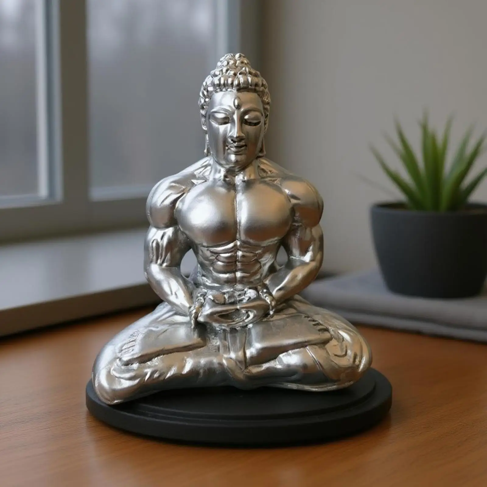 Resin Buddha Statue Seated Meditation Figurine Silver Tone Finish Home Decor Sculpture for Desk Shelf Tabletop Ornament