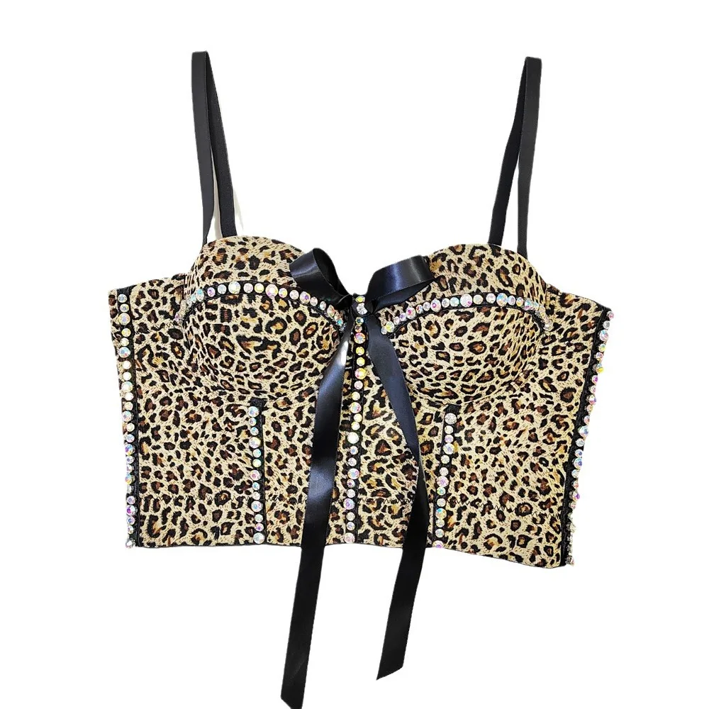 Leopard French Print Breathable Mesh Push Up Bra with Adjustable Straps for Women Bow Tube Top Sling Diamond Fish Bone Underwear