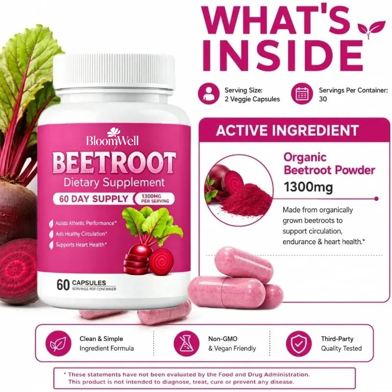 Organic Beetroot Capsules, 1300 Milligrams Per Serving -60 Capsules, 30 Days Supply