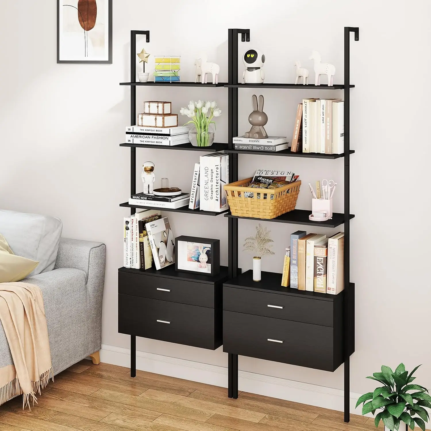 Ladder Bookshelf with Storage, Wall Mount Storage Bookcase with 4 Open Shelves & 2 Drawers, Modern Display Rack, Customized