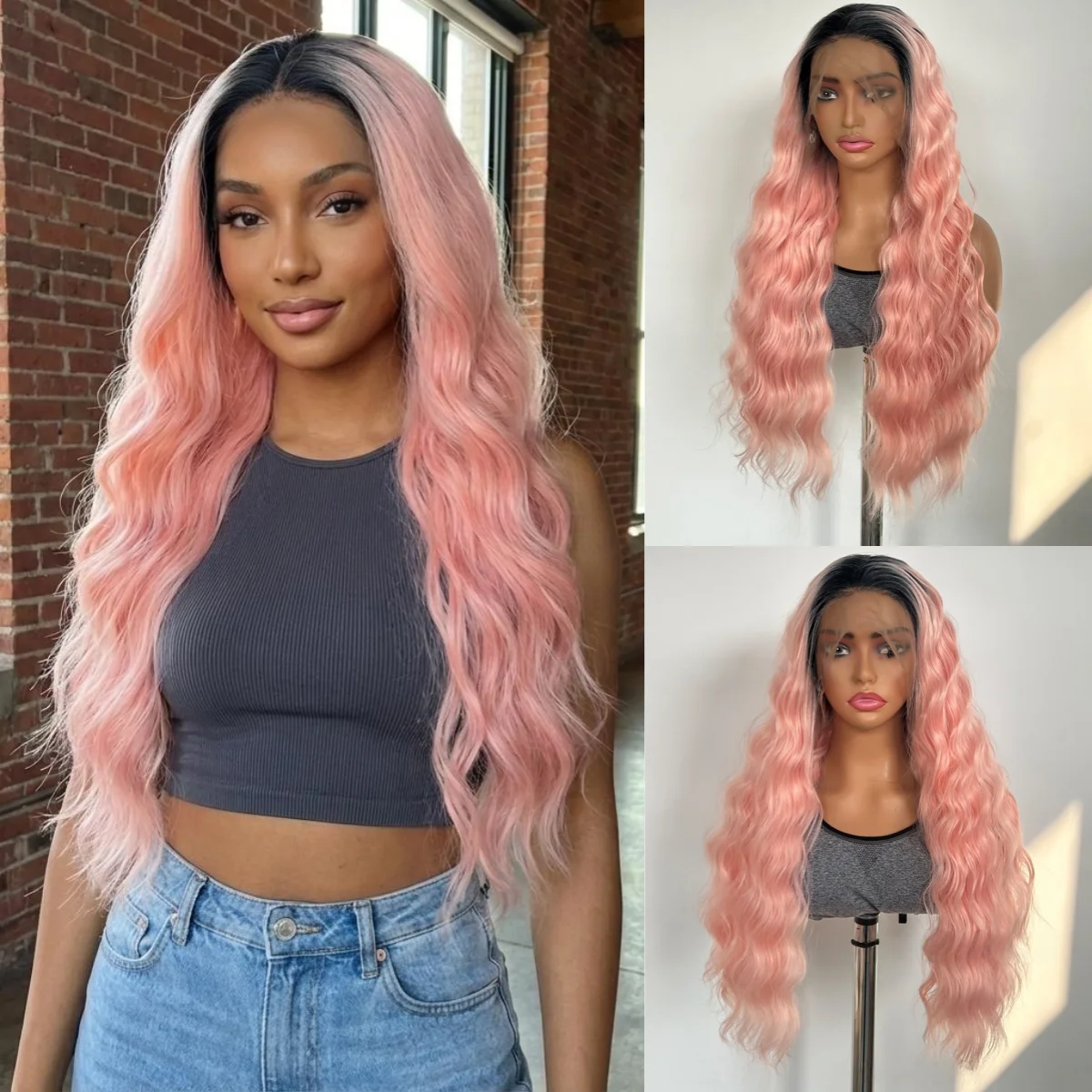 

Розовый парик шнурка 13x6 с черным корнем 26-дюймовые длинные вьющиеся волосы Wear and Go Натуральный вид Синтетические парики шнурка Парик фронта шнурка Ombre