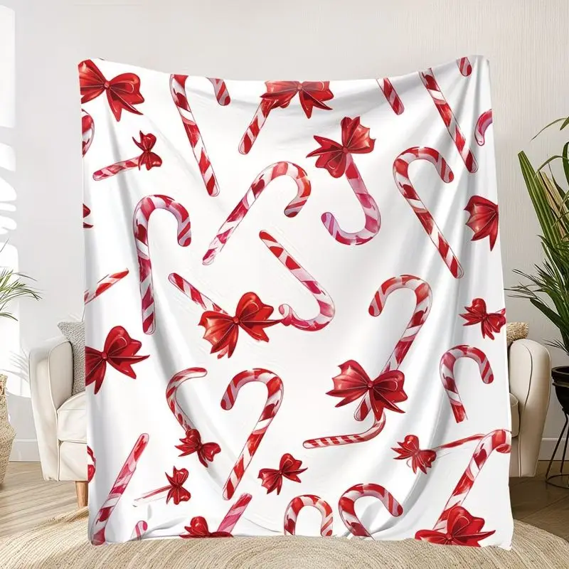 VIKAMA Christmas Throw Blanket Candy Cane Red Bow Stripe Soft Plush Fleece Couch Sofa Blanket Cozy Warm Winter Holiday Decor