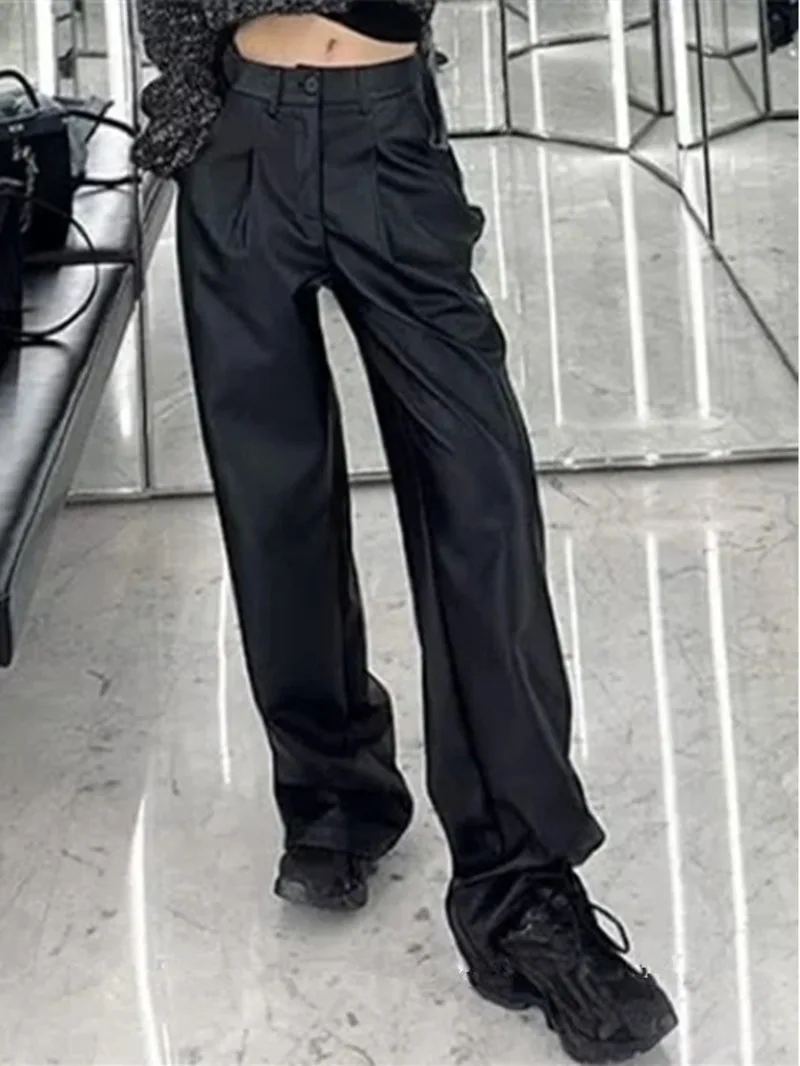 

2024 Autumn/Winter New High Waisted Wide Leg Leather Pants Women Loose High Street Casual Versatile Straight Pants TI2W