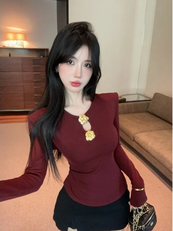 

Elegant Hollow out Long Sleeve Fleece Lined Slim Fit Base Shirt Women's Sexy Hollow Design Floral Embroidery Base Top