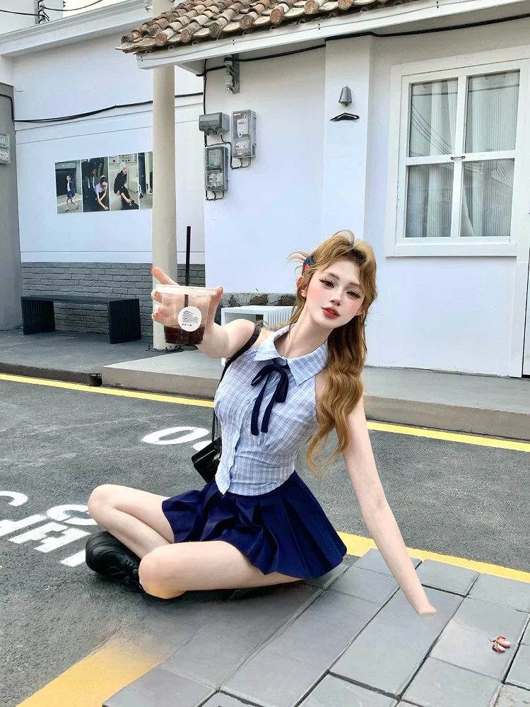 

Joykiki Plaid Thai Sle Sweet And Spicy Girl Ne Hanging Set Женский летний модный комплект ort Pants Воротник на пуговицах Хлопок