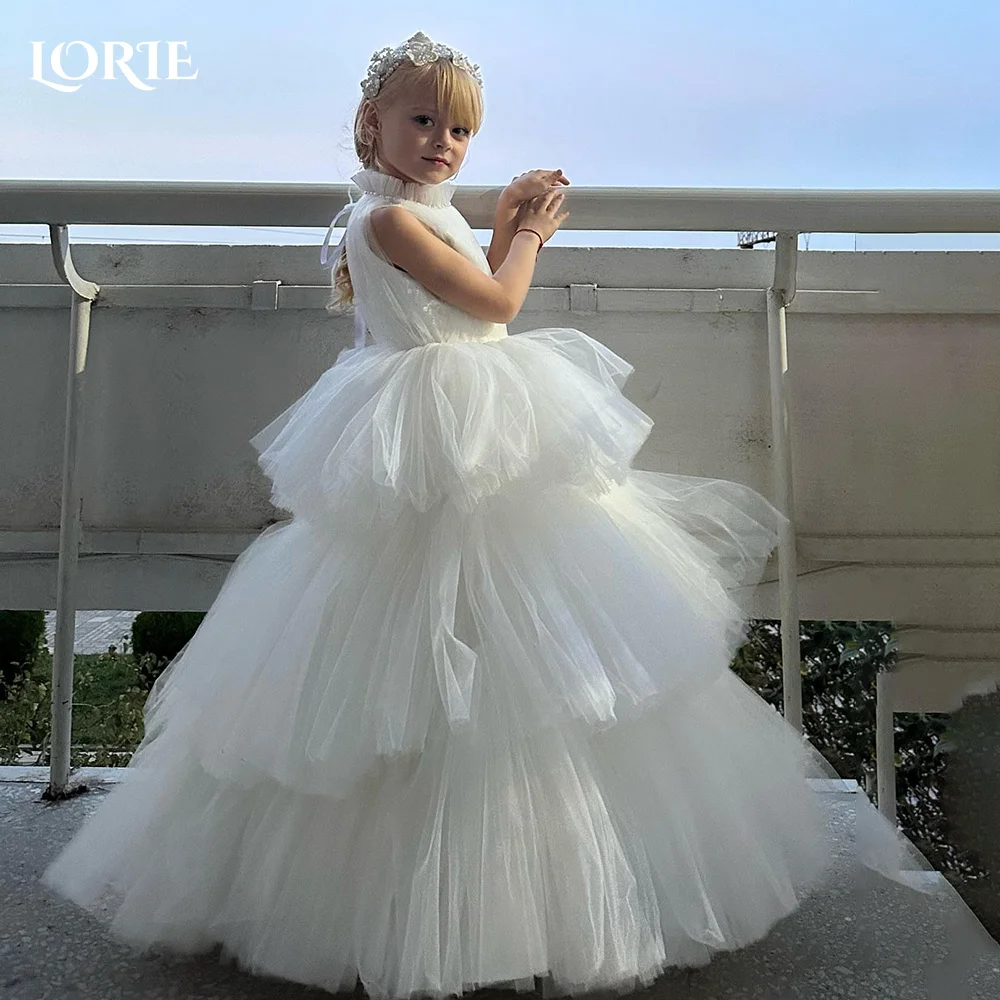 LORIE Girl Peony Lace Back A-Line Straight Spark Pleats Ball Shiny Tulle Party Flower Girl Dress Csustomized Flowers Girls Dress