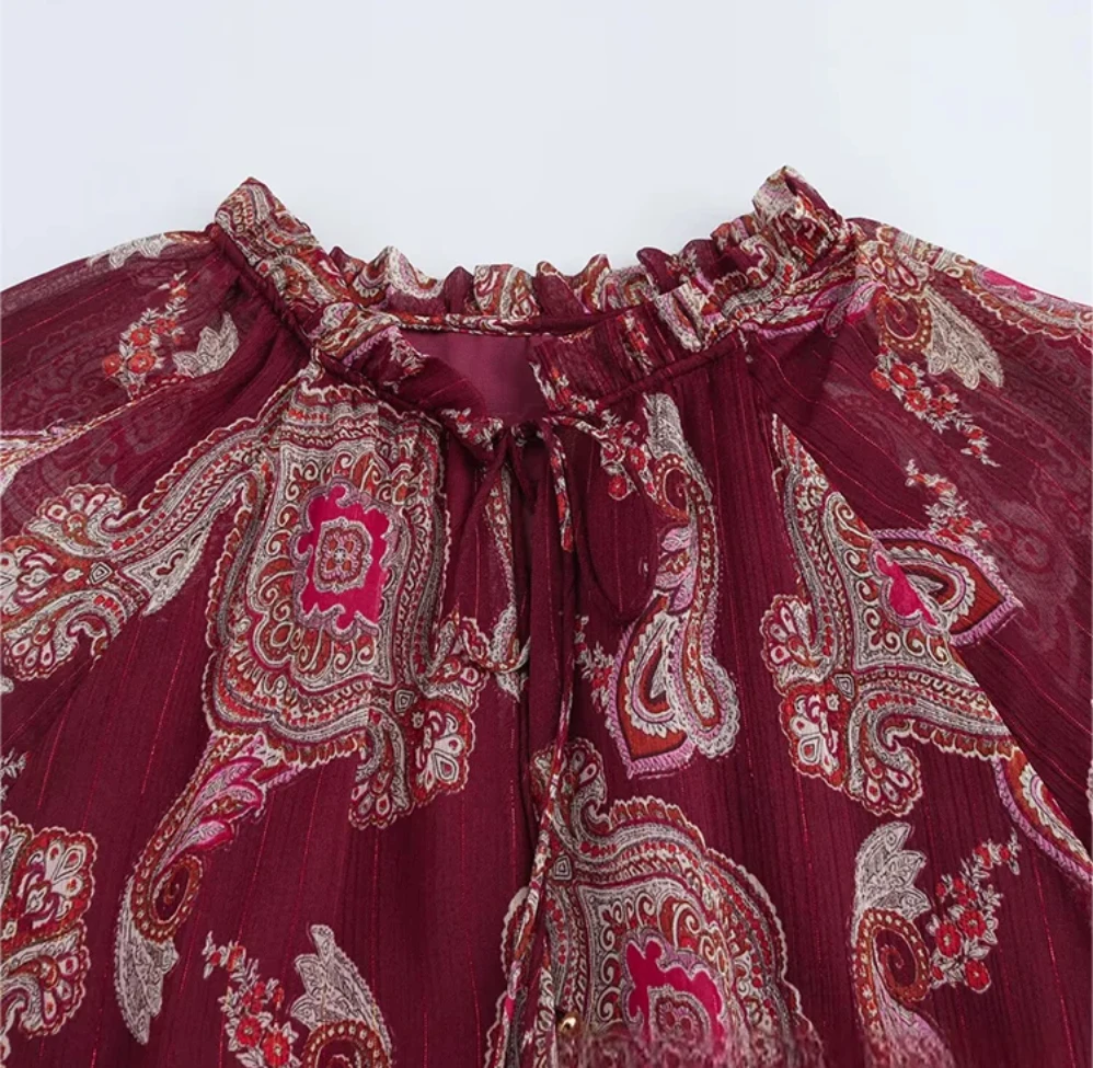 Vestido largo Vintage de gasa con estampado de flores rojas, vestido holgado de manga larga con cuello redondo y volantes, vestido bohemio a la moda para primavera y otoño