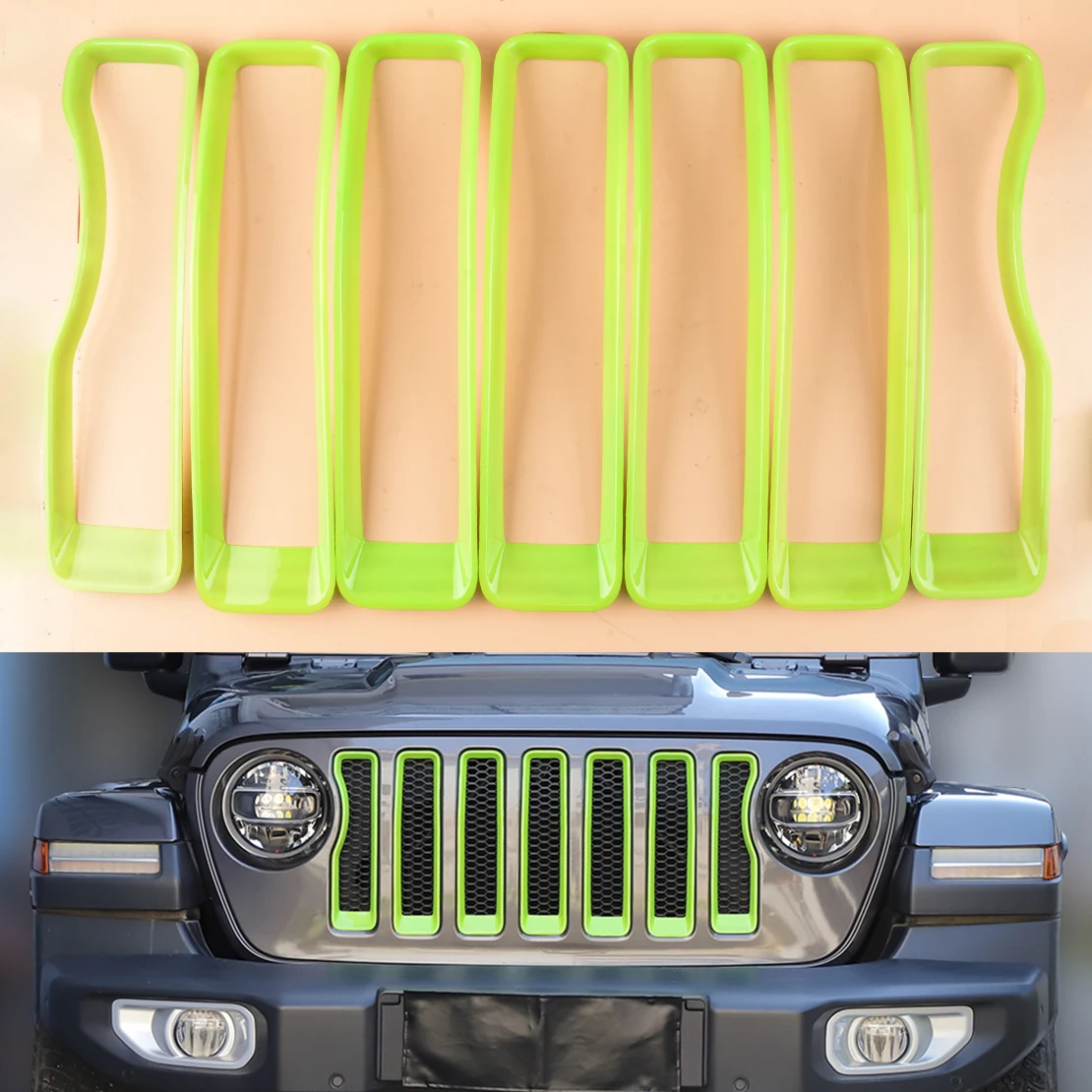 7Pcs/Set Car Front Grille Insert Cover Trim Bezel Kit ABS Green Decoration Fit for Jeep Wrangler JL Gladiator JT 2020 2021