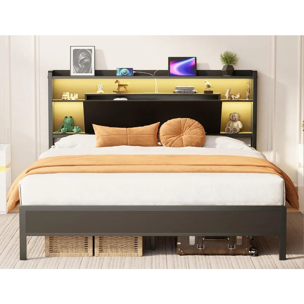 Full Size Bed Frame with LED Lights and Charging Station, Super Large Storage Space, Heavy Duty Metal Platform Bed