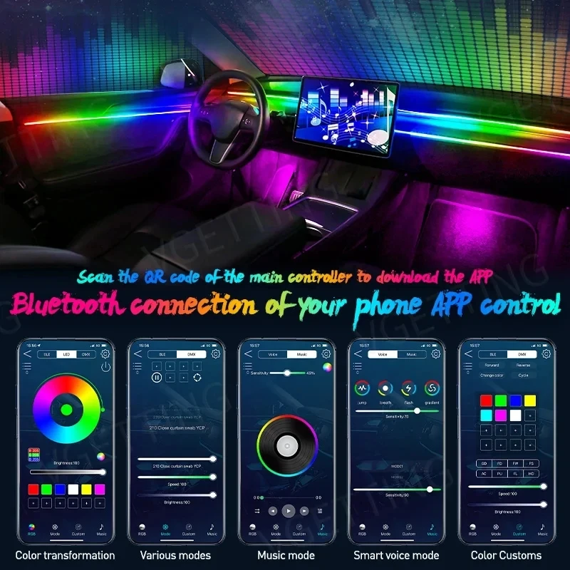 Car Ambient Lights Kits Interior Acrylic App Music Contro Colorful Decorative Lamps Universal LED Neon Footlight Accessories