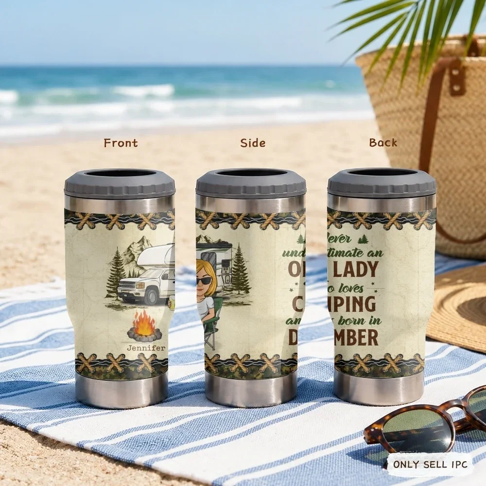 

A Woman Who Loves Camping 4-in-1 Stainless Steel Can Cooler Cup – Insulated Beer Soda Coffee Holder