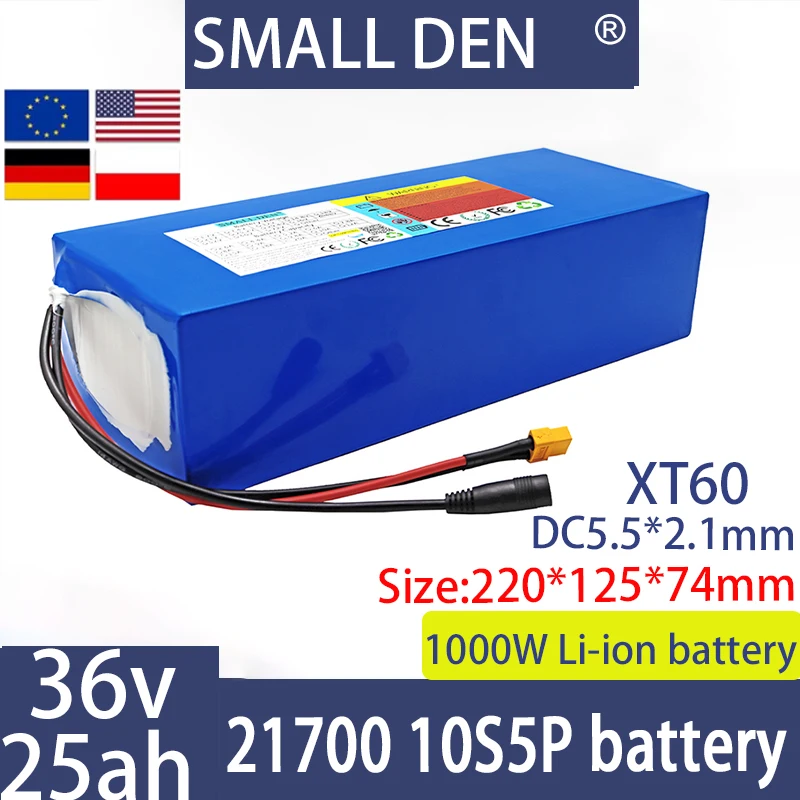 36V 25Ah 21700 10S5P lithium-ion battery pack, built-in BMS 0-1000W motor high-power rechargeable battery, tax-free solar energy