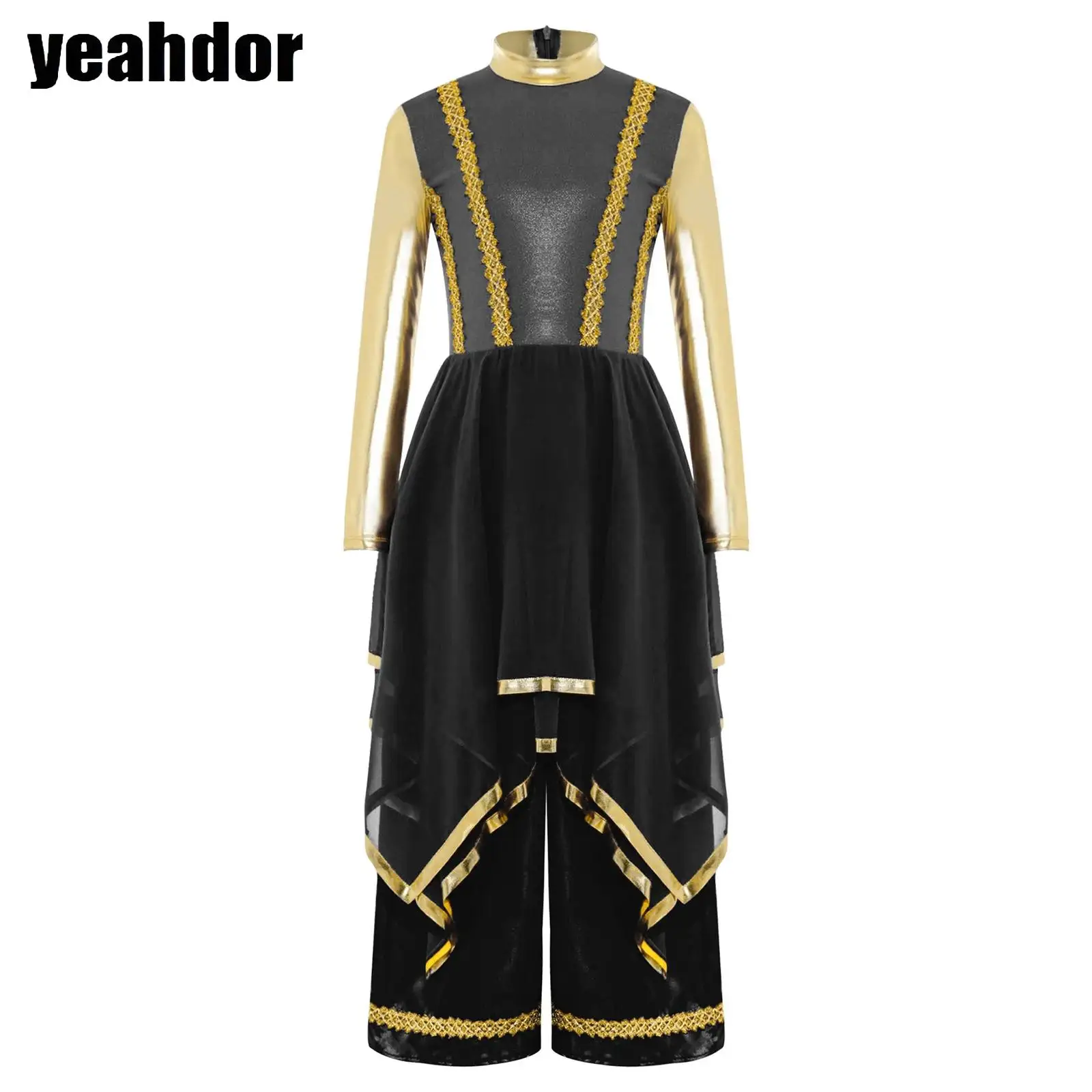 

Girls Liturgical Praise Worship Dance Costume Long Sleeve Gold Trims Metallic Patchwork Irregular Hem Dress with Wide-Leg Pants