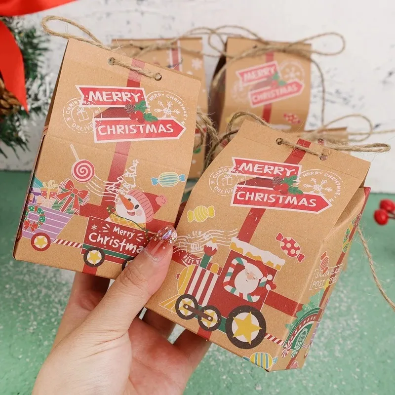 30/1PCS Christmas Kraft Paper Tote Packaging Gift Box Handle Pouch with Rope Candy Gift Bags Santa Claus Pack Xmas Party Decor