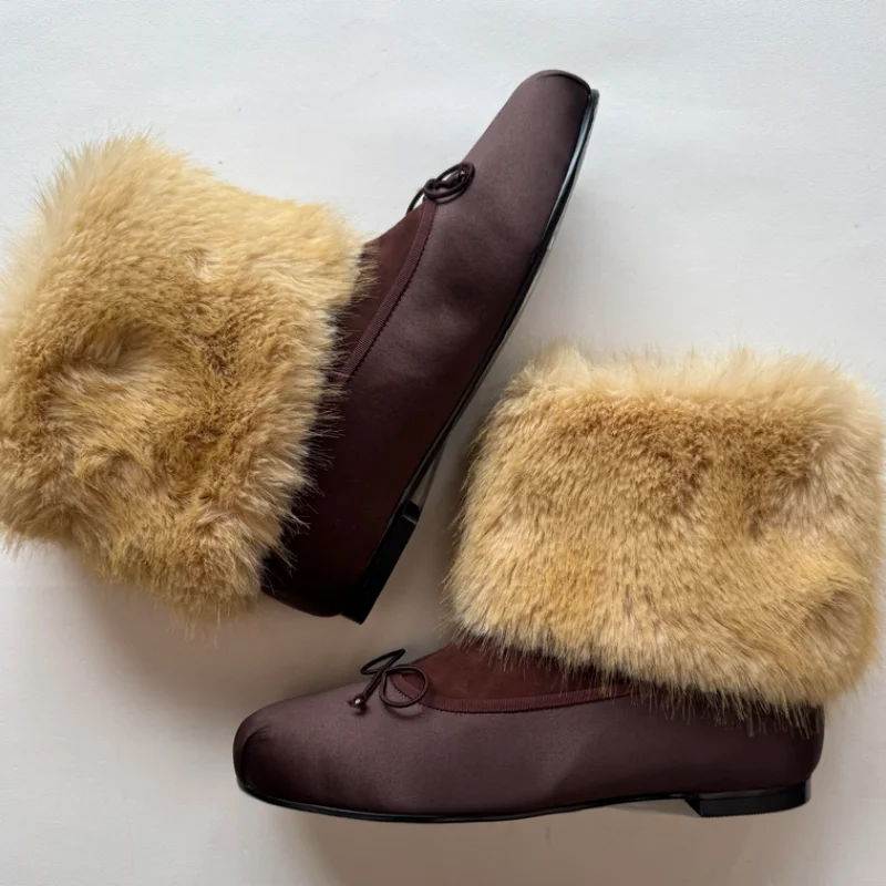 Mink Fur Shoes for Women Round Toe Flat Heels Butterfly-knot Zapatos Mujer Mixed Color Female Short Boots Pleated Chassure Femme