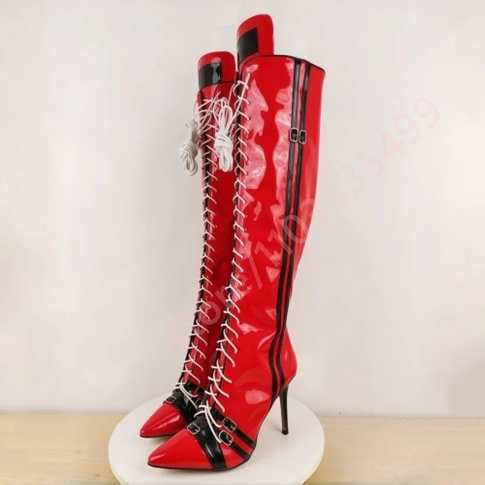 

Red Pointed Toe Buckle Lace-Up Stiletto Motorcycle Boots Punk Street Style Casual Long Boots for Women Fashion Party 2025