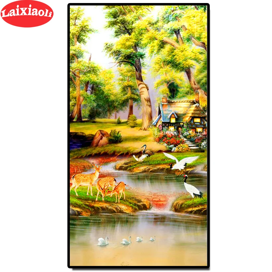 

diamond embroidery spring forest tree lake diamond painting cross stitch 5d full square round drill 5d puzzles village landscape