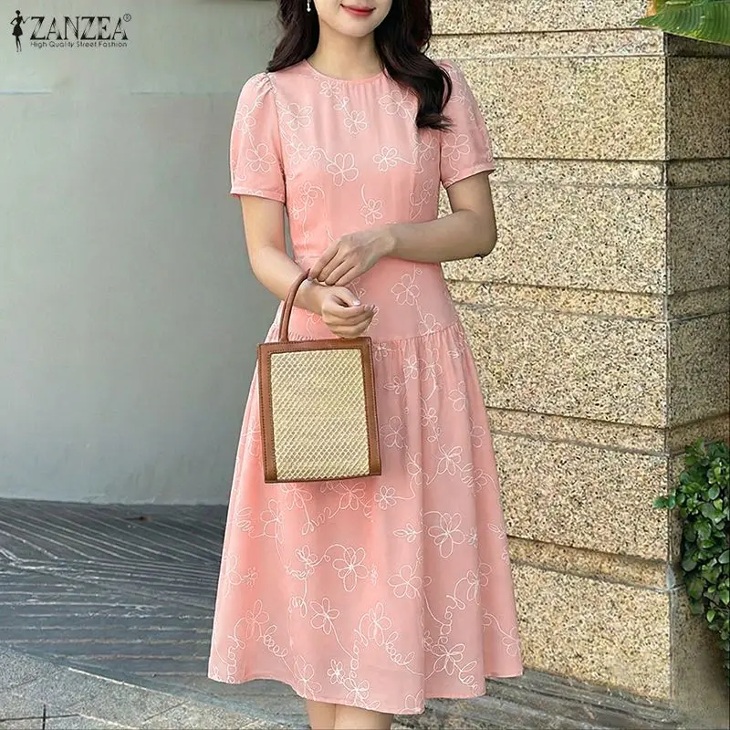 2026 Sommer-Sonnenkleid ZANZEA Damen Stilvolles Bedrucktes Kleid Elegantes Lässiges Urlaubs-Strandkleid O-Ausschnitt Kurzarm Arbeits-Midikleid