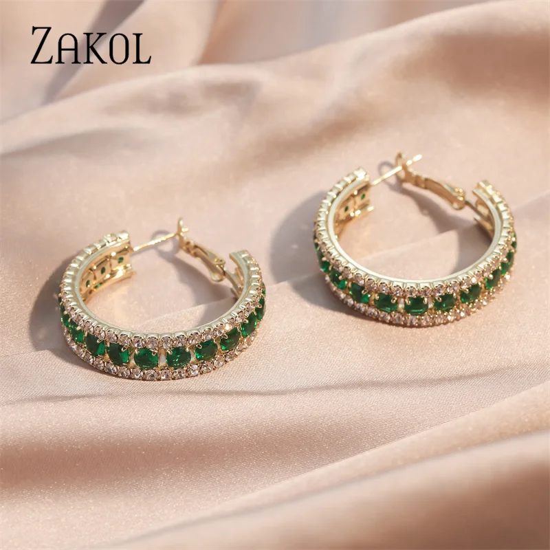 ZAKOL  Luxury Vintage Green Zircon Hoop Earrings Geometric Circle Drop Earring Exquisite Jewelry Birthday Gifts for Women