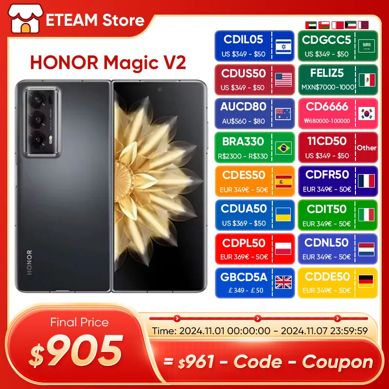 

Honor Magic V2 Global Version 7.92" LTPO OLED 120Hz Display Snapdragon 8+ Gen 2 66W Super Charge 5000mAh 50MP Rear Cameras v 2