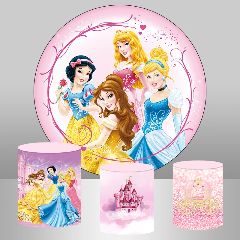 

Disney Princess Cinderella Belle Snow White Aurora Round Backdrop Pink Castle Girls Baby Shower Birthday Party circle Background