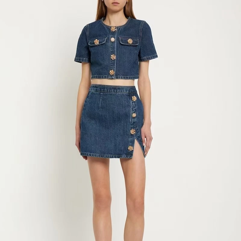 Women Denim set fashion Short Sleeve Top + mini Skirt