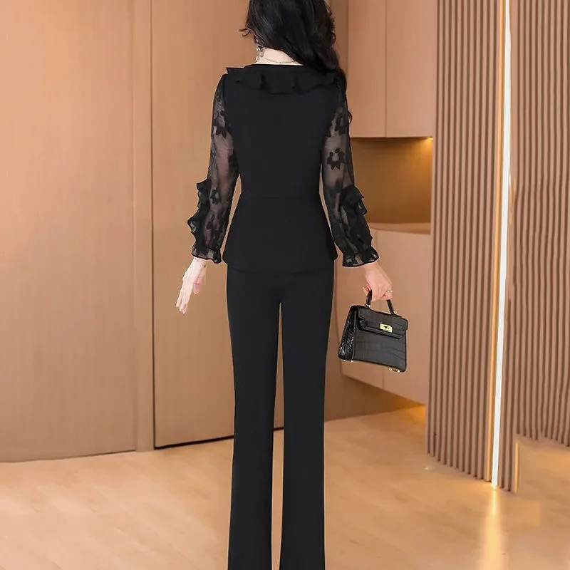 Fashion Sets Women 2024 NEW Spring Autumn V-Neck Patchwork Mesh Long Sleeve Top And Pants 2 Piece Suit Female Black Pants Outfit