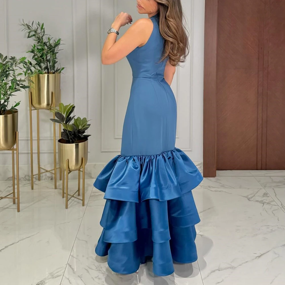 Customized Elegant Jersey Blue Off the Shoulder Evening Dress Modern V-Neck Straight Sleeveless Floor Length Celebrity Gowns