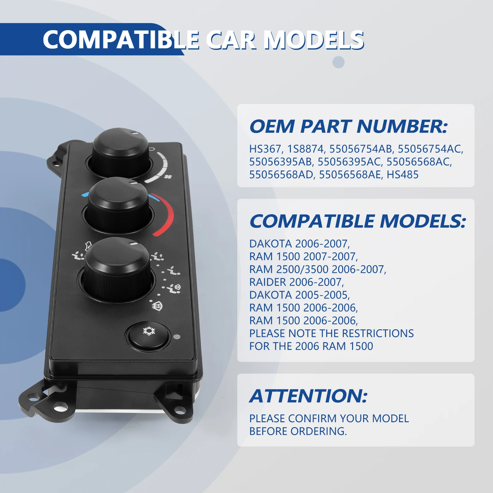

A/C Heating Control Switch Without Defogging Climate Control Module for 2006-2007 Ram1500 2500 3500, 2005-2007 Dakota Raider