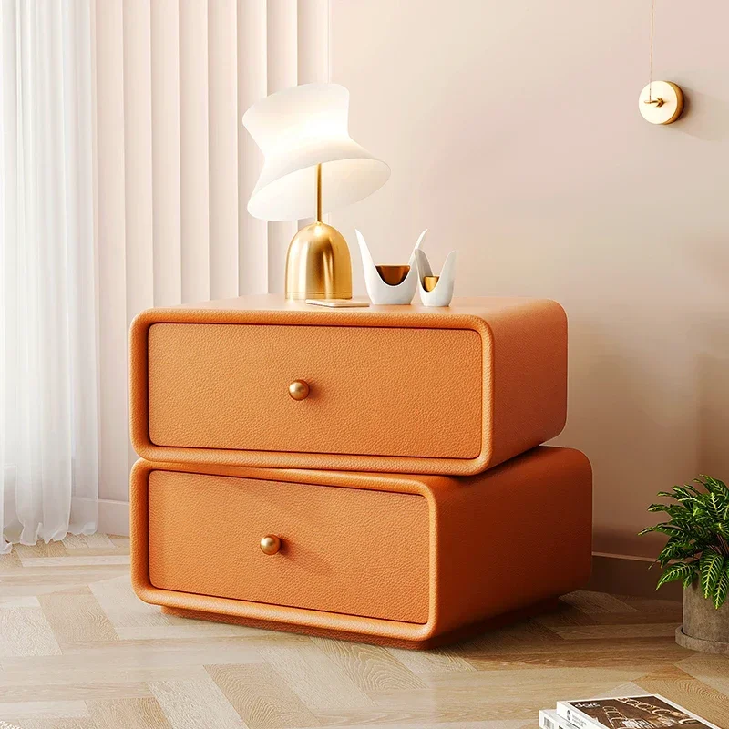 Creative Rotating Bedside Table Wooden 2 Drawers Storage Cabinet Leather Solid Color Factory Direct Bedroom Nightstands