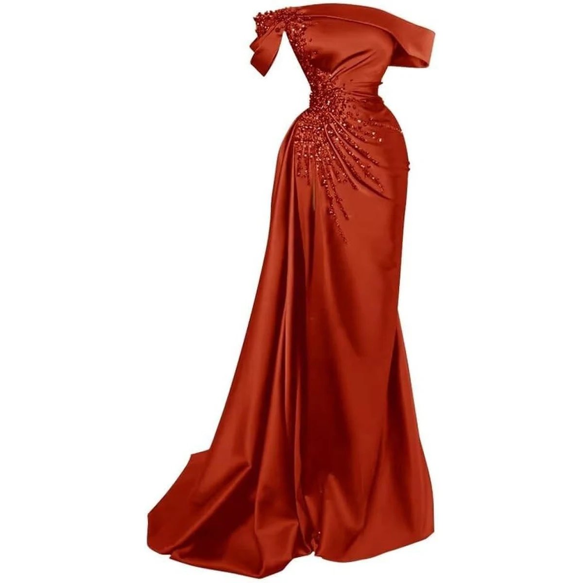 女性マーメイドビーズウエディングドレススリットサテンブライドメイドドレスロングオフショルダーイブニングフォーマルパーティードレス