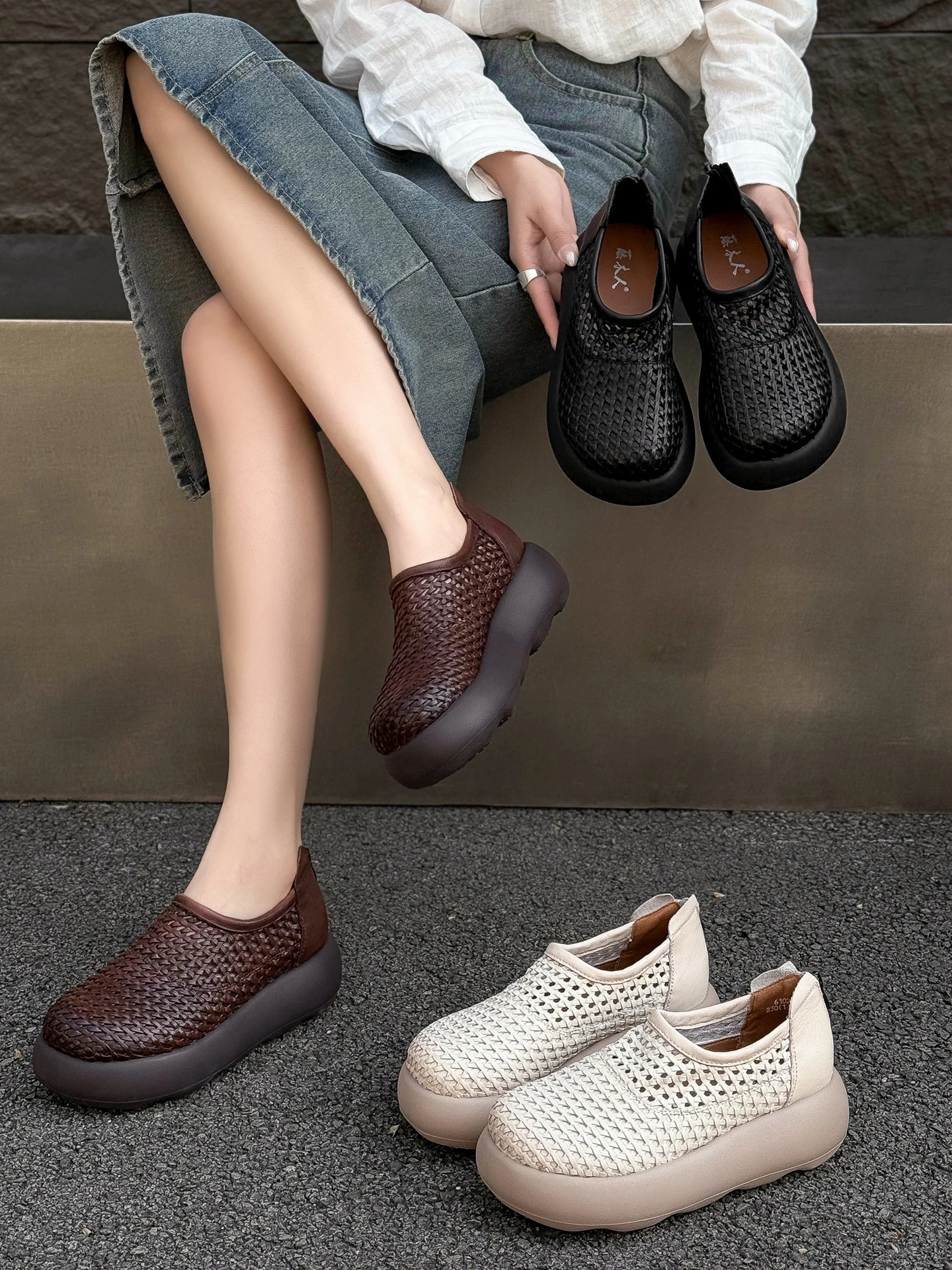 Handwoven Thick Bottom Casual Shoes Breathable Hollow out Slip-On Women's Sandals round Toe High Heel Comfortable Summer Shoes