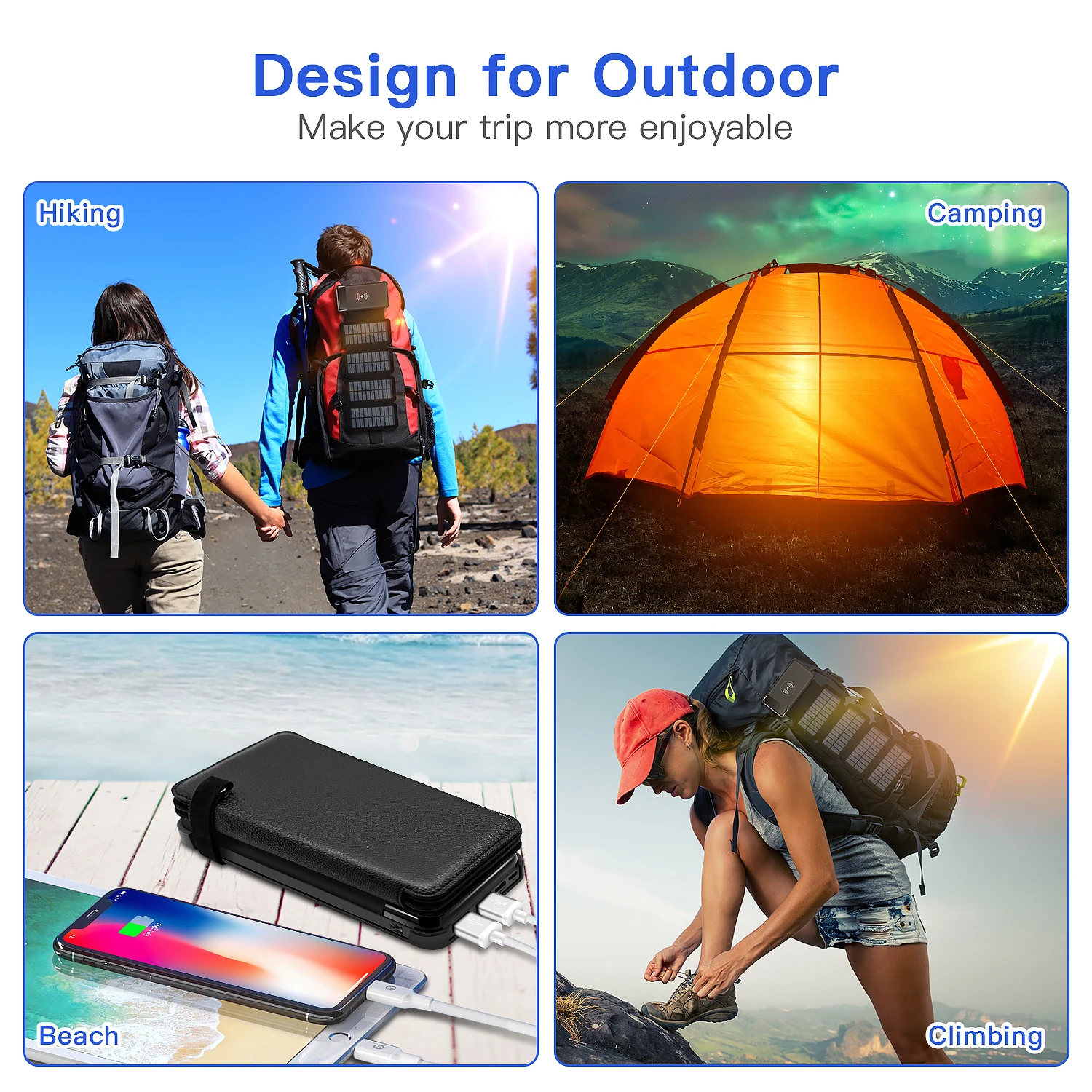 بنك طاقة يعمل بالطاقة الشمسية بقدرة 10000 مللي أمبير في الساعة مع 4 ألواح شمسية قابلة للفصل، قابلة للطي، شحن مغناطيسي، شحن سريع، للاستخدام الخارجي