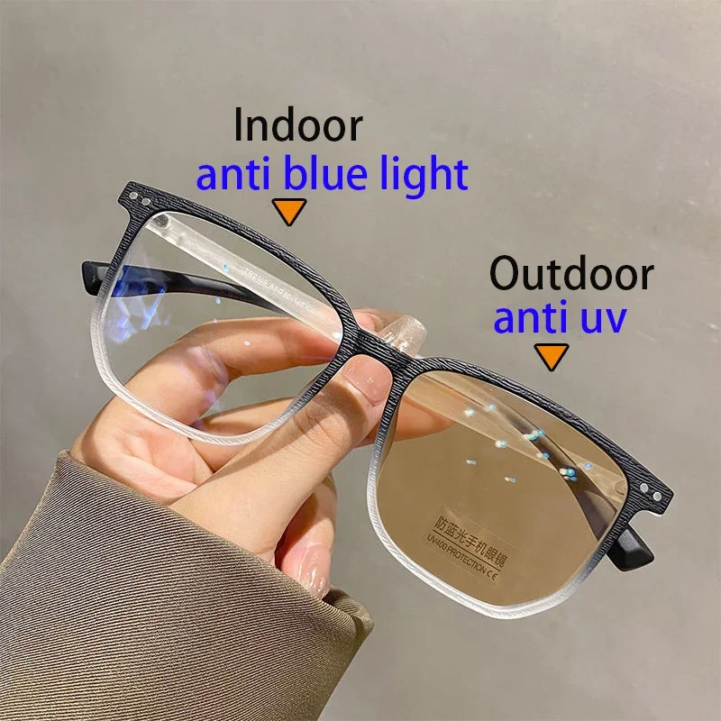 Photochromic Myopia Glasses Men Women Multifunction Square Anti Blue Light Finished Prescription Eyewear UV400 Glasses 0 To -6.0