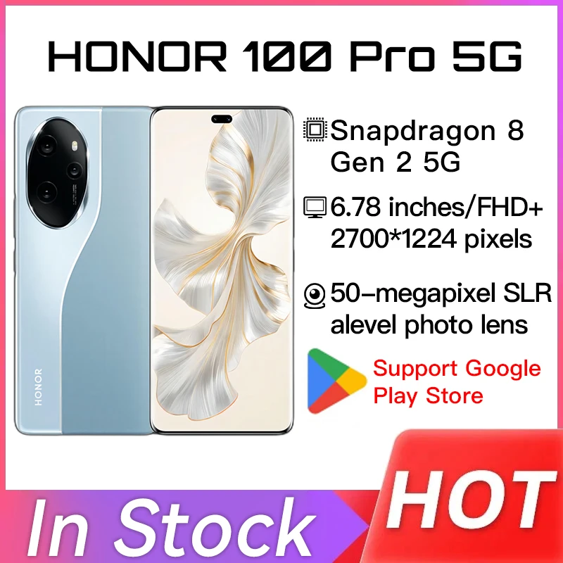 Oryginalny oryginalny telefon komórkowy Honor 100 Pro 5G Snapdragon 8 Gen2 6.78\'\' OLED 50MP 5000Mah 100W obsługa Google Play NFC OTA