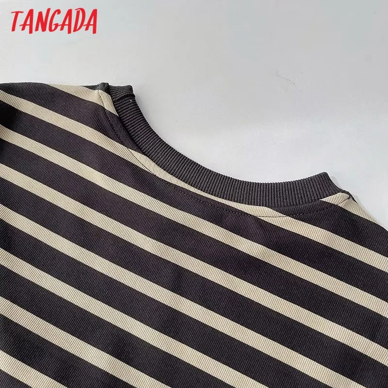 Tangada 2023 Women Loose Striped Sweatshirt Dress Loose Short Sleeve Ladies Midi Dress XLJ184