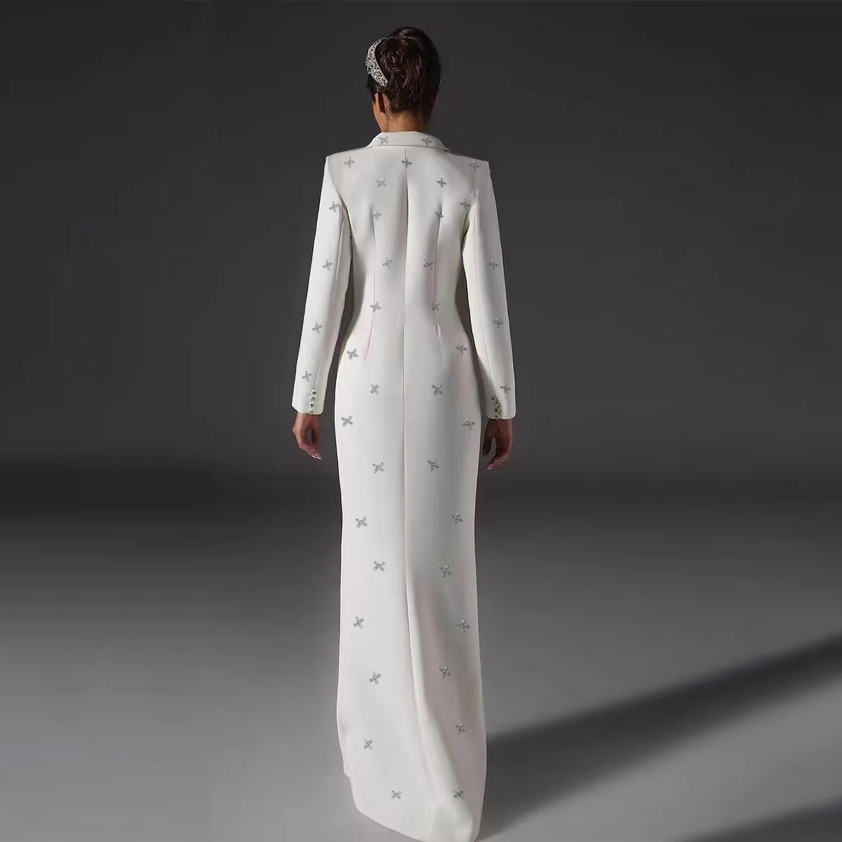 Women Long Blazer Dress Crystal Beading V Neck Jacket Prom Evening Guest Formal Wear Custom Made