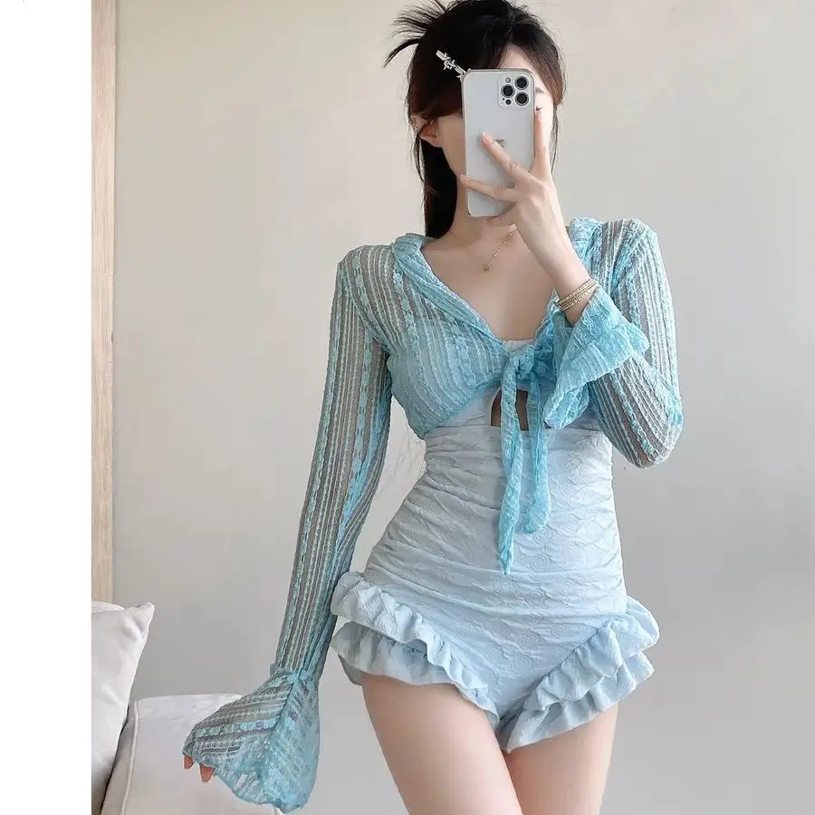 Traje de baño de una pieza con protección solar de manga larga de encaje puro y Sensual de Hada dulce de gama alta para mujer traje de baño informal para vacaciones