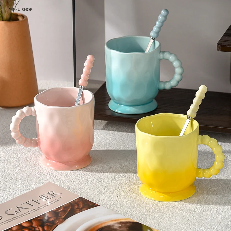 

Gradient Color Uncovered Mug Spoon Couple Ceramic Coffee Cup Colorful Exquisite Cup Office Water Cup Gift Tabletop Decoration