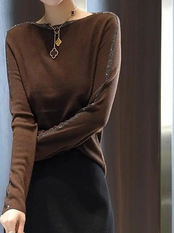 

Fashionable plus Size Ladies Long Sleeve Slimming Base Shirt Autumn Winter Warm Top Age Reducing Korean Style Diamond Detail